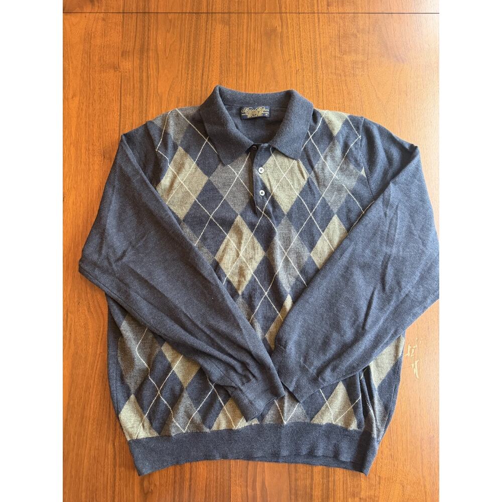 Brooks Brothers Men's Blue Argyle 100% Merino Wool Polo Sweater - Size XL